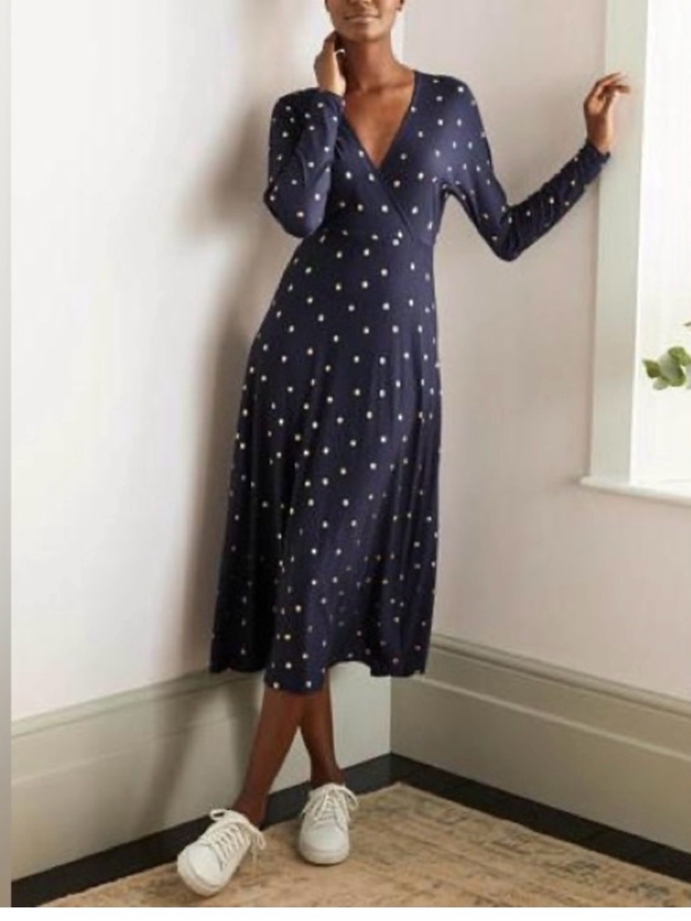 Boden Gemma Jersey Midi Dress Navy Size 10 Gold Dot